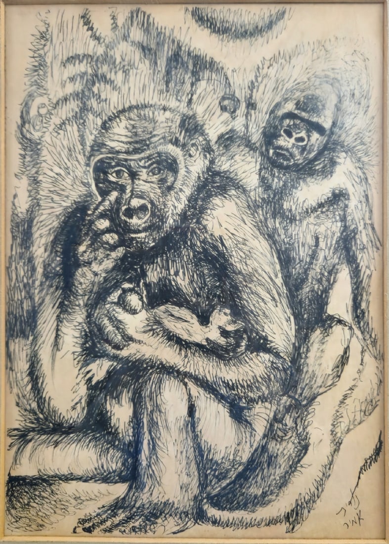 Nurit Amir - 'Monkeys', Ink Drawing on Paper, Signed (1 of 3)