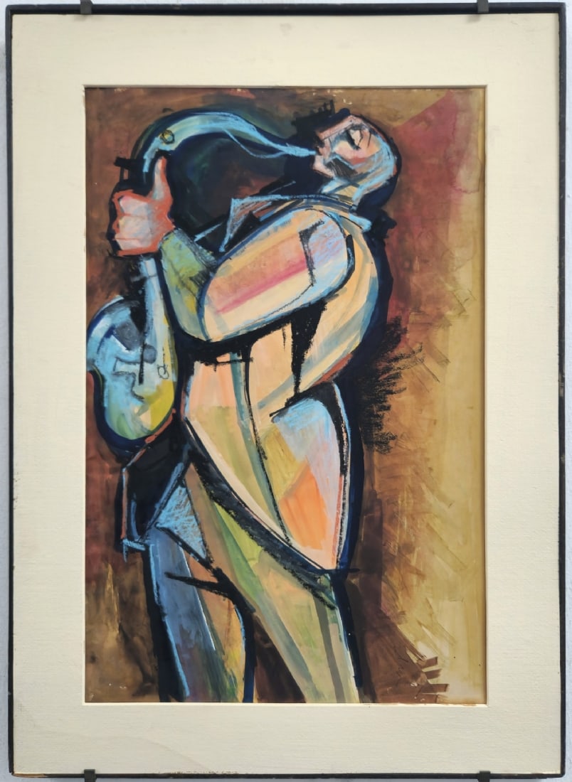 'The Saxophonist' - Gouache and Watercolor on Paper, Signed: 'The Saxophonist' - Gouache and Watercolor on Paper, Signed, without glass, the painting is not attached to the frame Dated 1972 Dimensions: 48X32 cm Frame dimensions: 61X44 cm Notice: We are located 