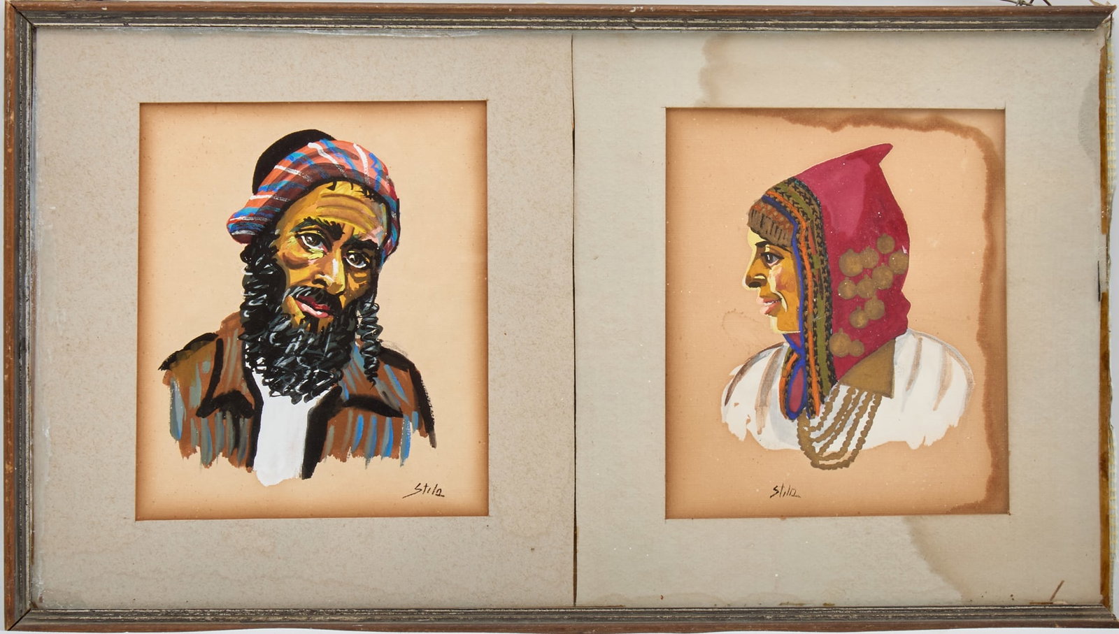 Erwin Stolz - Two Portraits of Yemeni Jews in Traditional Dress: Erwin Stolz - Two Portraits of Yemeni Jews in Traditional Dress, gouache on canvas, signed Stolz Old moisture stain on the right edge (photographed) Framed together, frame has defects and missing part