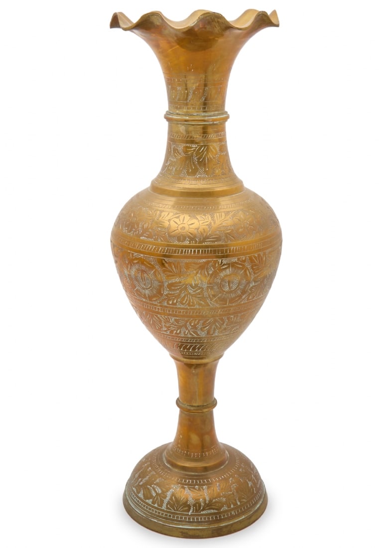Large and Impressive Indian Brass Vase, Handmade with Rich Engraving: Large and Impressive Indian Brass Vase, Handmade with Rich Engraving, elegant balloon-shaped body with a wavy rim Height: 50 cm Notice: We are located in Israel and provide full packing and shipping s