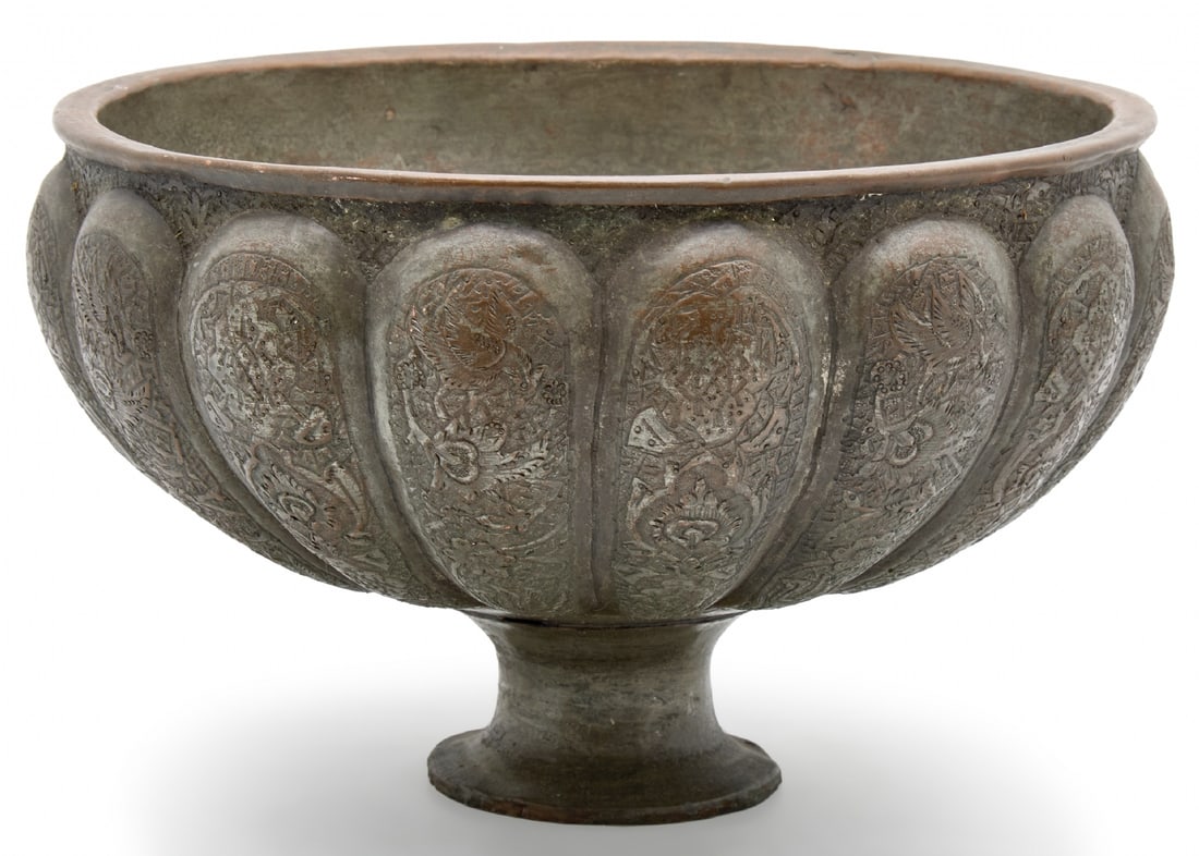 Antique Persian Vessel Made of Copper with Hand Decoration, Tin Coated: Antique Persian Vessel Made of Copper with Hand Decoration, Tin Coated, diameter: 29 cm Height: 17.5 cm Notice: We are located in Israel and provide full packing and shipping service. You can ask us f