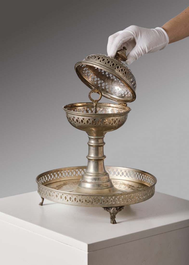 Moroccan Incense Burner for Perfumes (Bakhoor / Oud) Silver Plated, Signed: Moroccan Incense Burner for Perfumes (Bakhoor / Oud) Silver Plated, Signed, with a perforated lid featuring decorative carving for gentle and even scent dispersion Height: 34 cm Tray diameter: 27 cm N