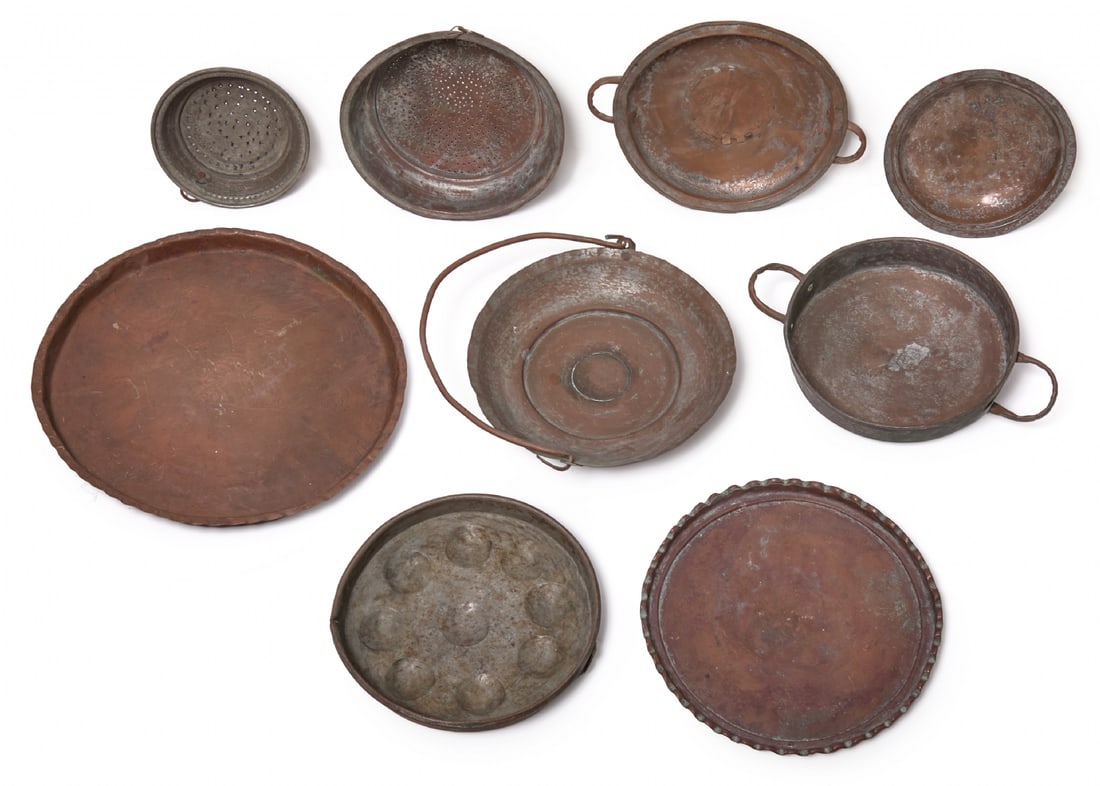 Eight Copper and Metal Kitchen Utensils, Including Trays, Bowls, and Strainers (1 of 4)