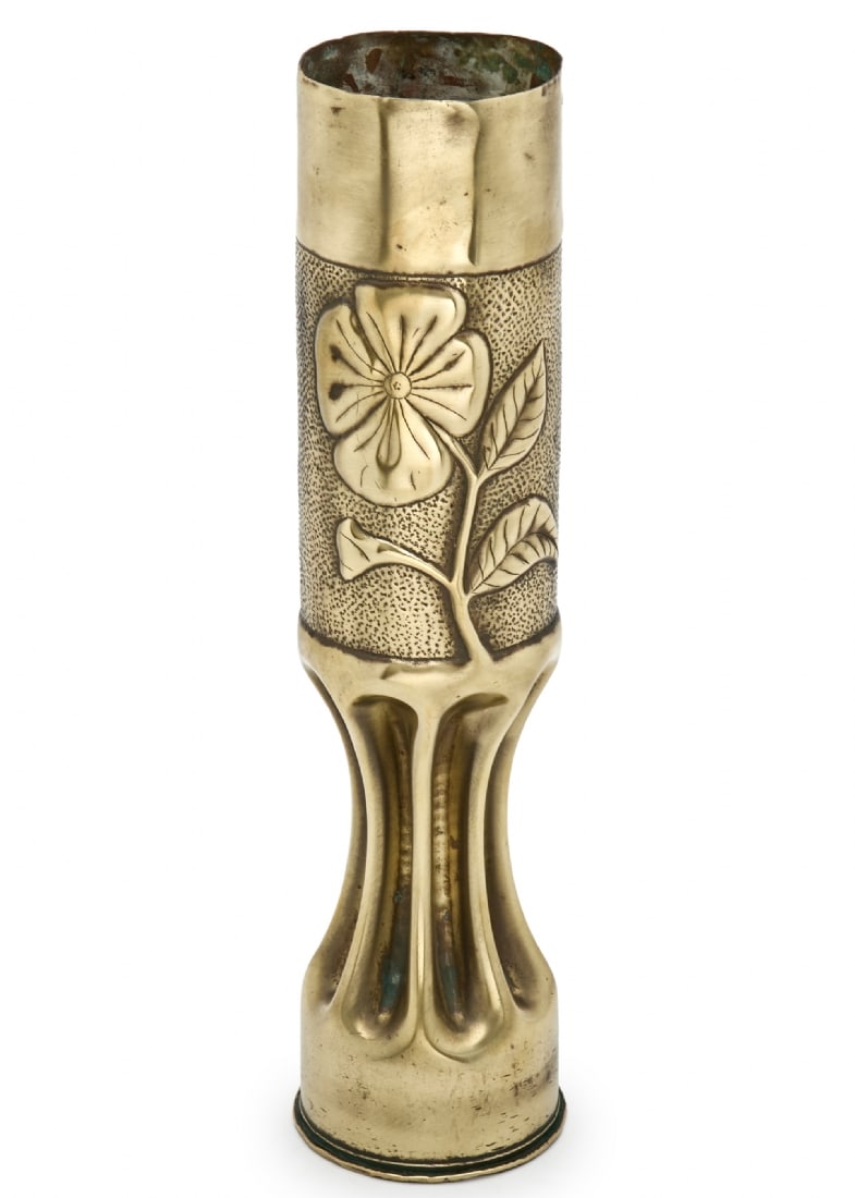 Large Trench Art Vase Made from Artillery Shell Casing with Flower in the Center: Large Trench Art Vase Made from Artillery Shell Casing with Flower in the Center, made of recycled brass from a shell casing Height: 35 cm Notice: We are located in Israel and provide full packing and