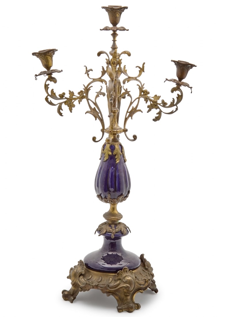 Table Candelabra with Three Arms, Made of Metal with Cobalt Blue Glass: Table Candelabra with Three Arms, Made of Metal with Cobalt Blue Glass, decorated with plant elements Height: 60 cm Defects and missing parts Notice: We are located in Israel and provide full packing 
