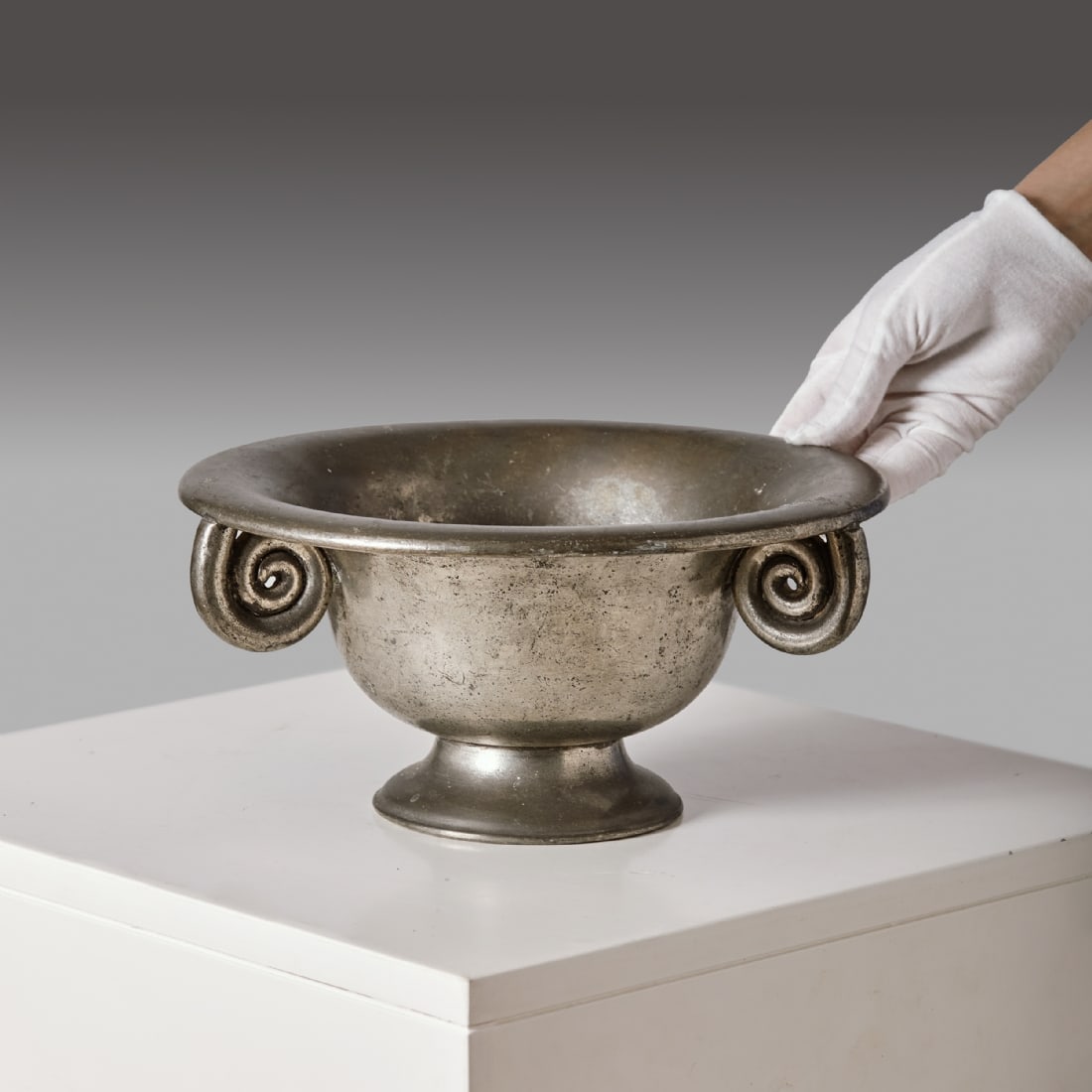 Art Deco Pewter Bowl with Rounded Body on Base, Signed: Art Deco Pewter Bowl with Rounded Body on Base, Signed, diameter: 27 cm Height: 13 cm Notice: We are located in Israel and provide full packing and shipping service. You can ask us for a shipping quot
