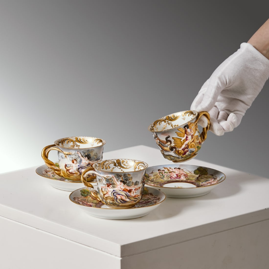Three Antique Capodimonte Porcelain Cups with Matching Saucers, Signed (1 of 10)