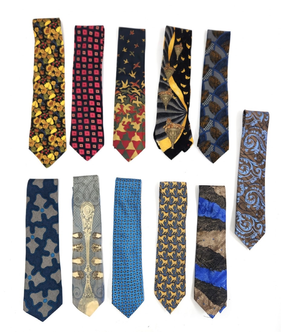 11 Ties with a Wide Range of Graphic and Colorful Patterns: 11 Ties with a Wide Range of Graphic and Colorful Patterns, geometric, classic, and artistic motifs. Some in used condition Notice: We are located in Israel and provide full packing and shipping servi