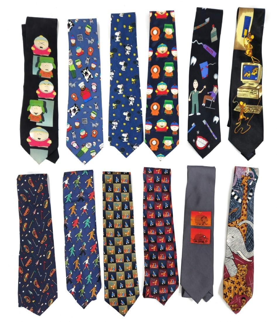12 Ties in Various Colorful Designs and Printed Patterns: 12 Ties in Various Colorful Designs and Printed Patterns, including comic characters, humorous motifs, animals, and graphic patterns. Some in used condition. Some have defects/stains Notice: We are lo