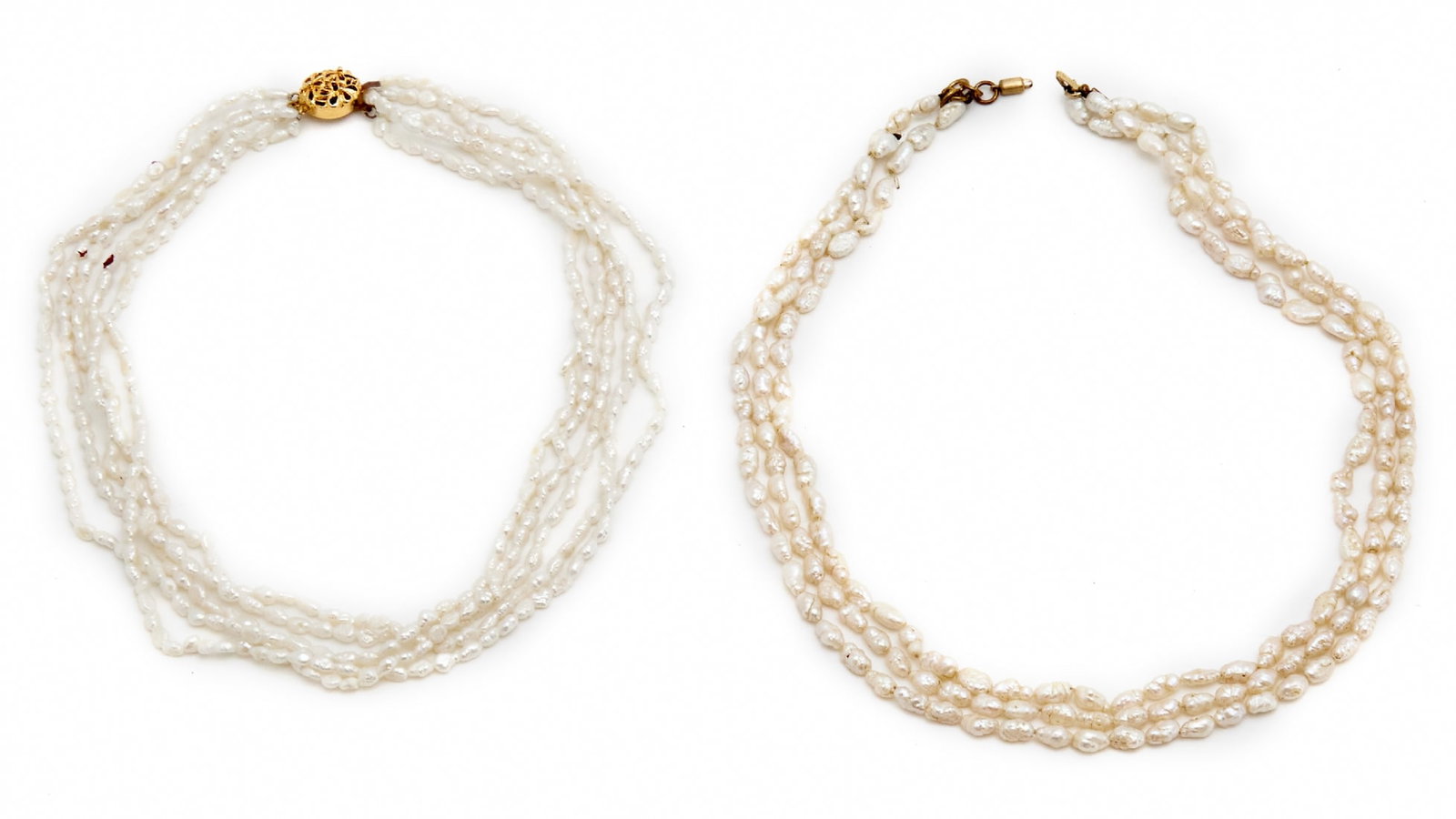 Two Pearl Necklaces: Two Pearl Necklaces, one with five strands, length: 36 cm, with gold-plated silver clasp, signed Another necklace with 3 strands (one detached from clasp), length: 44 cm Notice: We are located in
