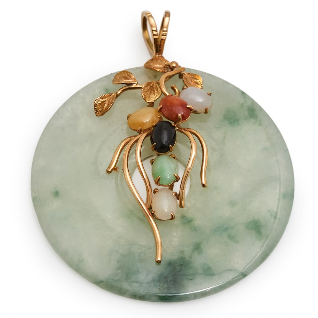 Large Chinese Pendant Made of 14K Yellow Gold Set with Jade Disc and Colorful Gemstones: Large Chinese Pendant Made of 14K Yellow Gold Set with Jade Disc and Colorful Gemstones, cabochon cut, not signed but gold purity tested Total height including bail: 6.5 cm Disc diameter: 5.5 cm Notic