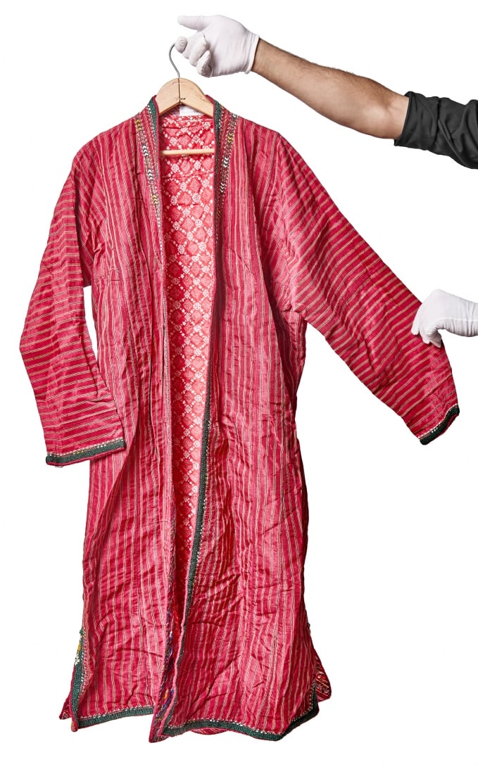 Traditional Turkmen Robe/Coat Made of Red Cotton Fabric with Thin Vertical Stripes: Traditional Turkmen Robe/Coat Made of Red Cotton Fabric with Thin Vertical Stripes, open front adorned with colorful hand embroidery along the edges Length: 123 cm Notice: We are located in Israel and