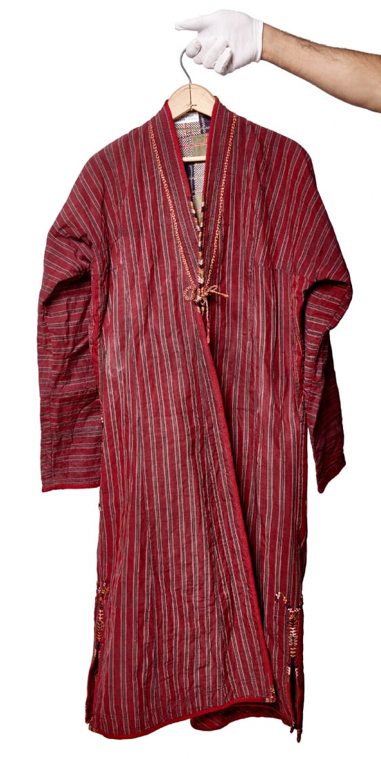 Bukharan Coat/Jacket Woven in Stripes of Red and Brown Shades: Bukharan Coat/Jacket Woven in Stripes of Red and Brown Shades, front closure with strings Length: 115 cm Notice: We are located in Israel and provide full packing and shipping service. You can ask us 