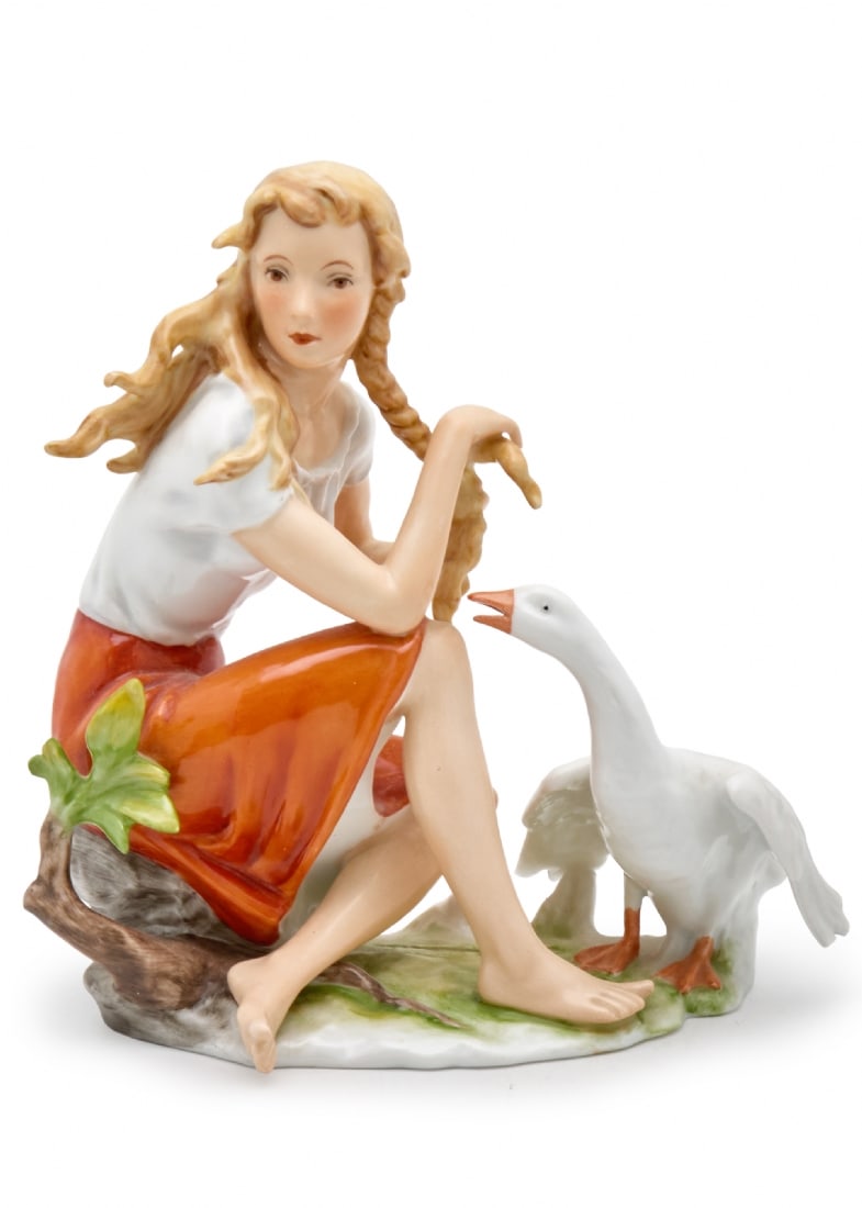 German Handcrafted Porcelain Figurine by Kaiser, Girl with Goose, Signed: German Handcrafted Porcelain Figurine by Kaiser, Girl with Goose, Signed, slight break to the goose's wing Height: 17 cm Width: 16 cm Notice: We are located in Israel and provide full packing and ship