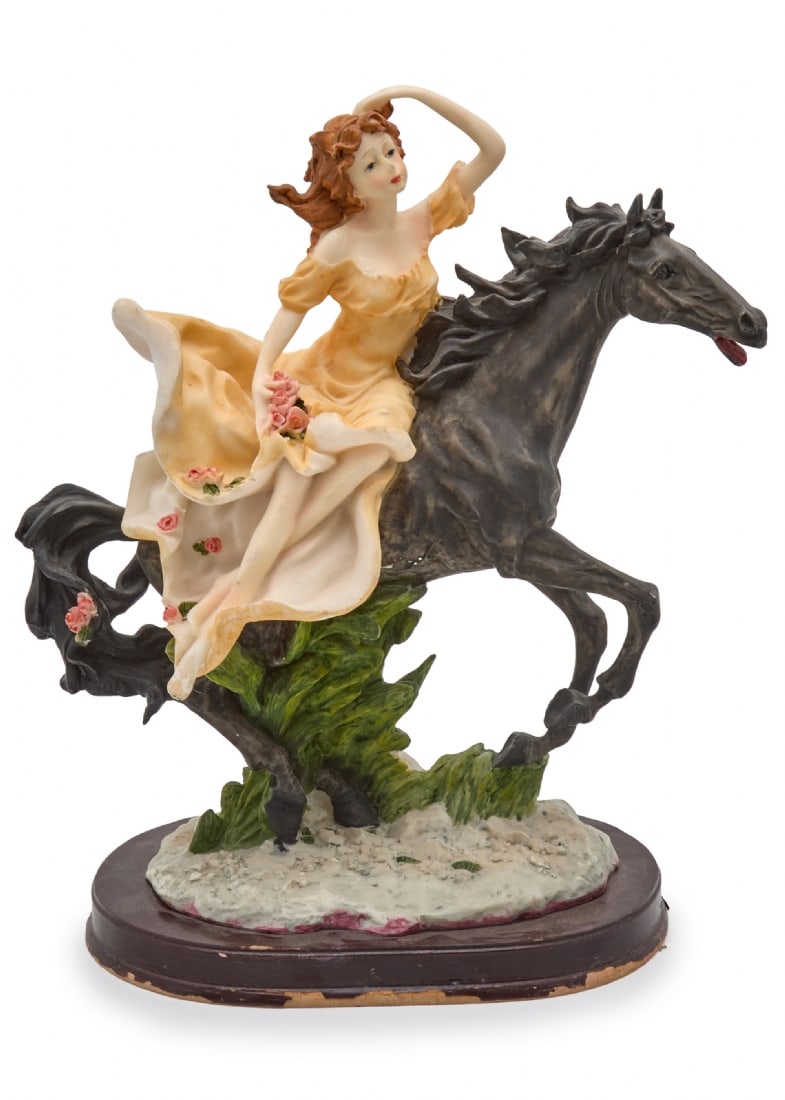 Woman Riding a Black Horse, Sculpture Made of Cast Material by Leonardo Collection: Woman Riding a Black Horse, Sculpture Made of Cast Material by Leonardo Collection, signed Defect to the leg and base Height: 29 cm Width: 25 cm Notice: We are located in Israel and provide full packi