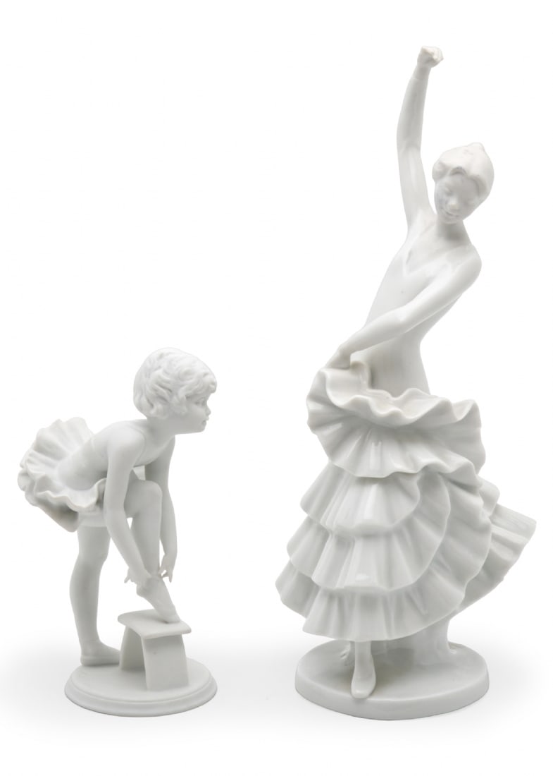 Pair of Porcelain and Biscuit Figurines Depicting Dancers, One by KAISER: Pair of Porcelain and Biscuit Figurines Depicting Dancers, One by KAISER, elegant dancer with a flowing dress Broken finger Height: 28 cm The second is a ballerina in biscuit finish (Bisque) Height: 1