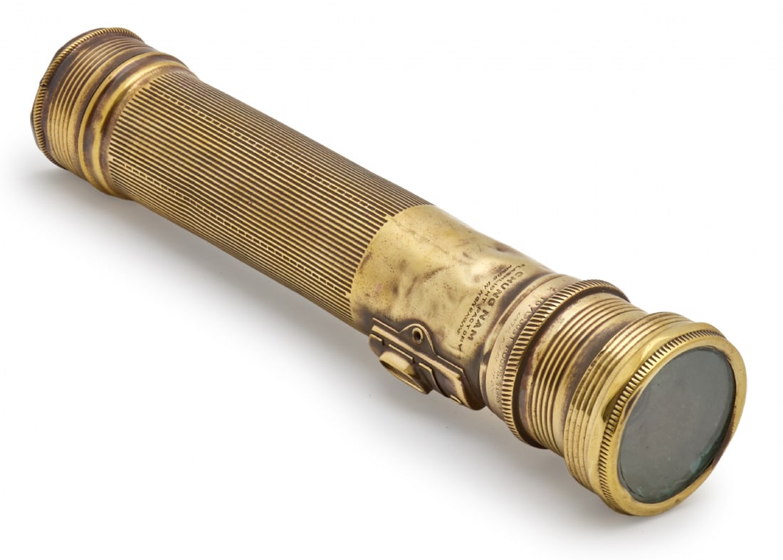Vintage Handheld Flashlight by Chung Nam The Flashlight Factory, Hong Kong: Vintage Handheld Flashlight by Chung Nam The Flashlight Factory, Hong Kong, made of metal with brass finish and grooved body, classic design Working condition not tested Length: 24 cm Notice: We are l