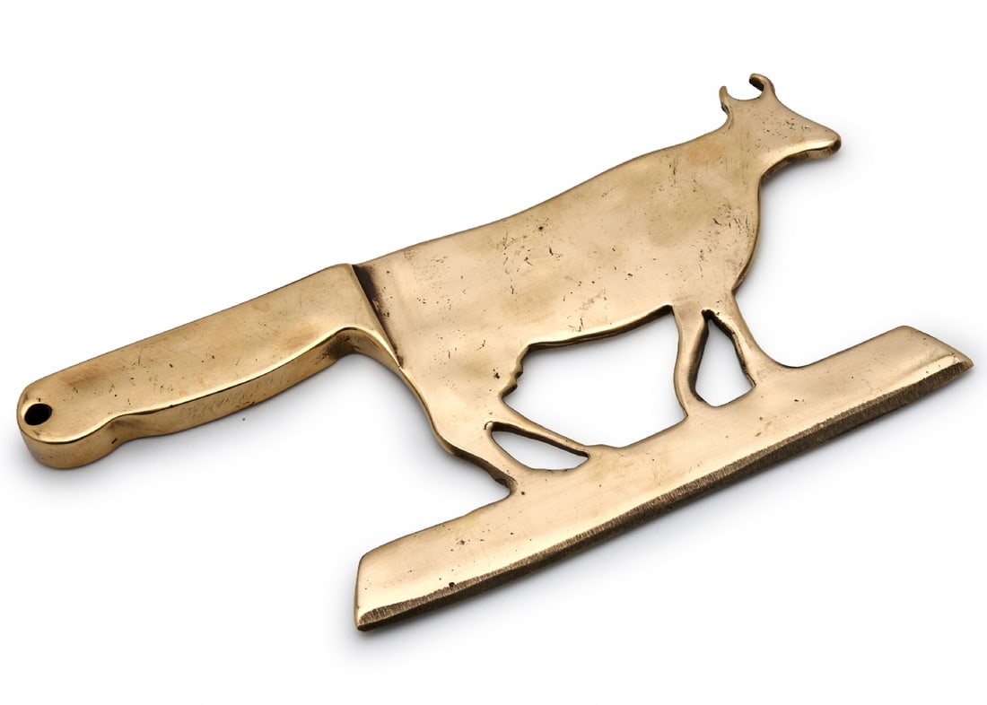 Vintage Butcher's Axe/Knife in Cow Shape – Cast Brass: Vintage Butcher's Axe/Knife in Cow Shape – Cast Brass, wide, sharpened blade as part of the body Flat structure with a hanging hole Length: 26 cm Height: 13 cm Notice: We are located in Israel and p
