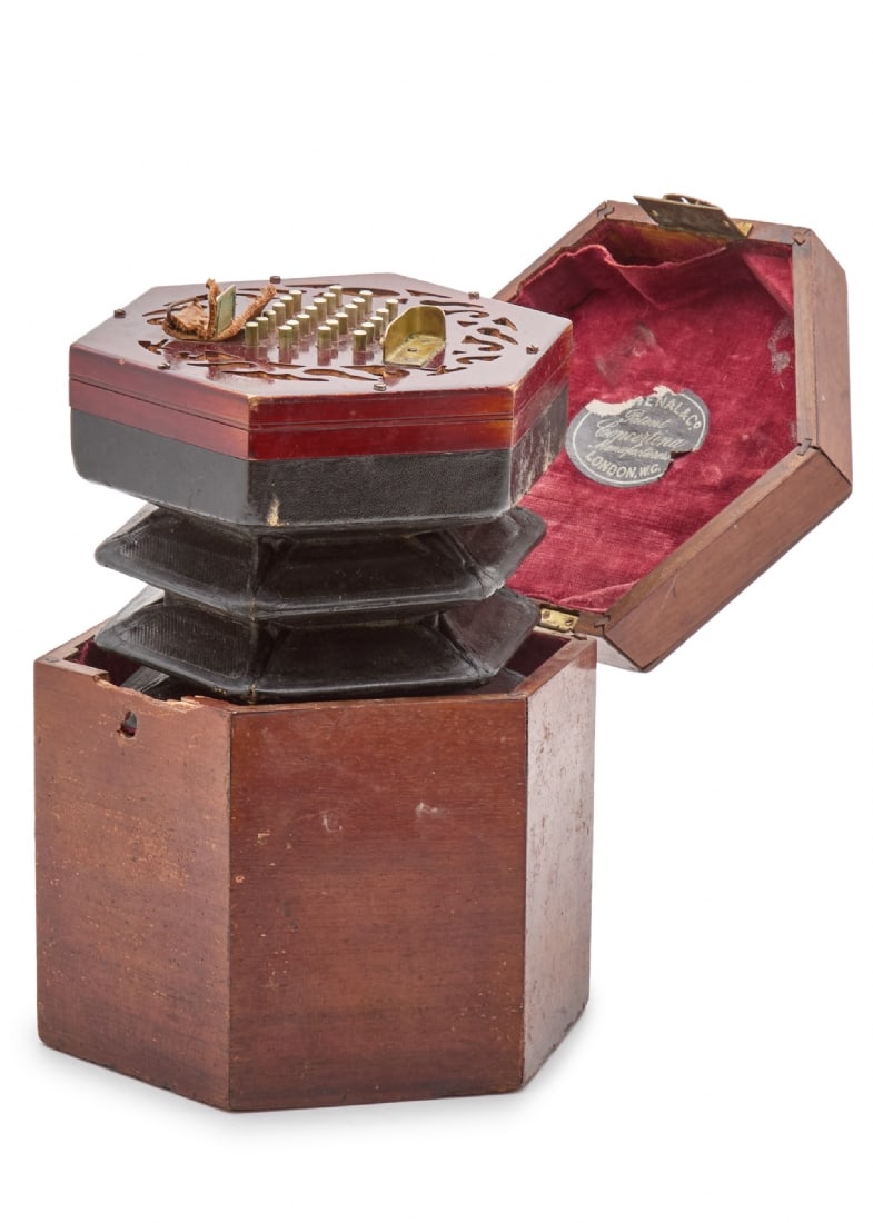 Antique Hexagonal Concertina by Lachenal & Co, London: Antique Hexagonal Concertina by Lachenal & Co, London, made of wood and leather, in original box Working condition not tested Dimensions: 18X20 Notice: We are located in Israel and provide full