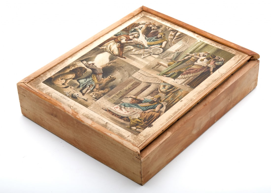 19th Century Wooden Block Puzzle in Box, Depicting Daniel in the Lion's Den: 19th Century Wooden Block Puzzle in Box, Depicting Daniel in the Lion's Den, puzzle composed of thirty wooden blocks, can be arranged into six different pictures Box has cracks, condition consistent
