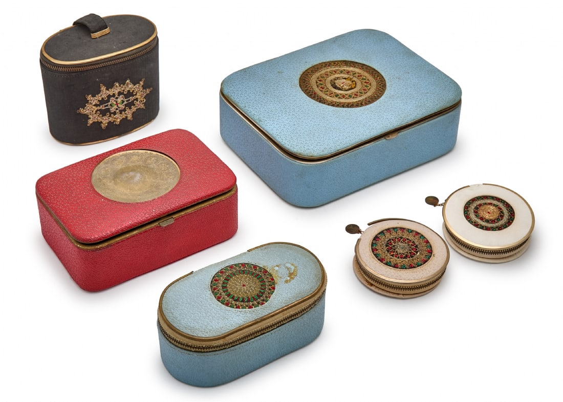 Jewelry and Makeup Boxes by Rosenfeld, Made of Leather and Fabric: Jewelry and Makeup Boxes by Rosenfeld, Made of Leather and Fabric, combined with Mashhadi embroidery and copper engravings Ethnic design with metal decorations Dimensions: 12-20 cm Notice: We are loca