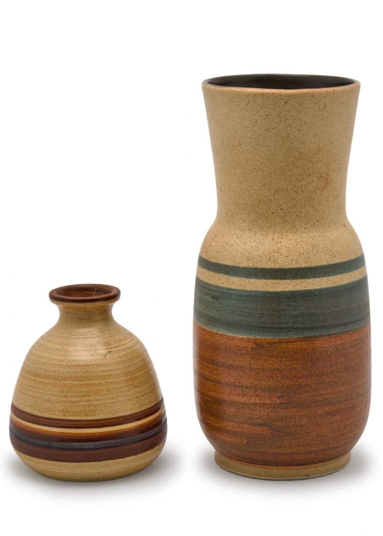 Pair of Israeli Ceramic Vases: Pair of Israeli Ceramic Vases, one signed Lapid – Made in Israel, the other signed Kibbutz Bror. Handmade and glazed in earth tones. Height: 16, 31 cm Notice: We are located in Israel and provide fu