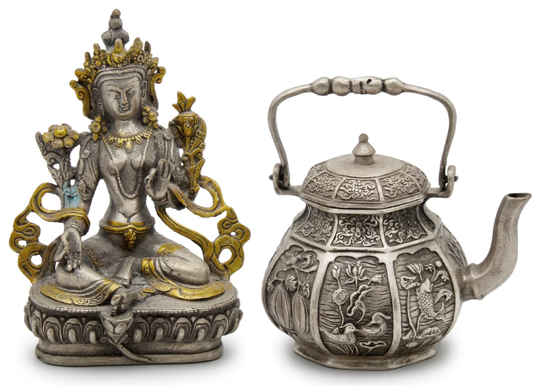 Two Decorative Objects from the Far East, Made of Silver-Plated Metal: Two Decorative Objects from the Far East, Made of Silver-Plated Metal, height respectively: 13.5, 15 cm Notice: We are located in Israel and provide full packing and shipping service. You can ask us