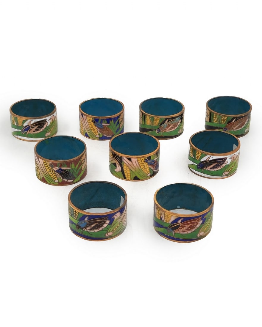 Set of 9 Napkin Rings Made of Gilded Copper and Enamel, Decorated with Cloisonne Technique: Set of 9 Napkin Rings Made of Gilded Copper and Enamel, Decorated with Cloisonne Technique, (Cloisonne) Height of the decorated band: 3 cm. Diameter: 5.5 cm Notice: We are located in Israel and provid