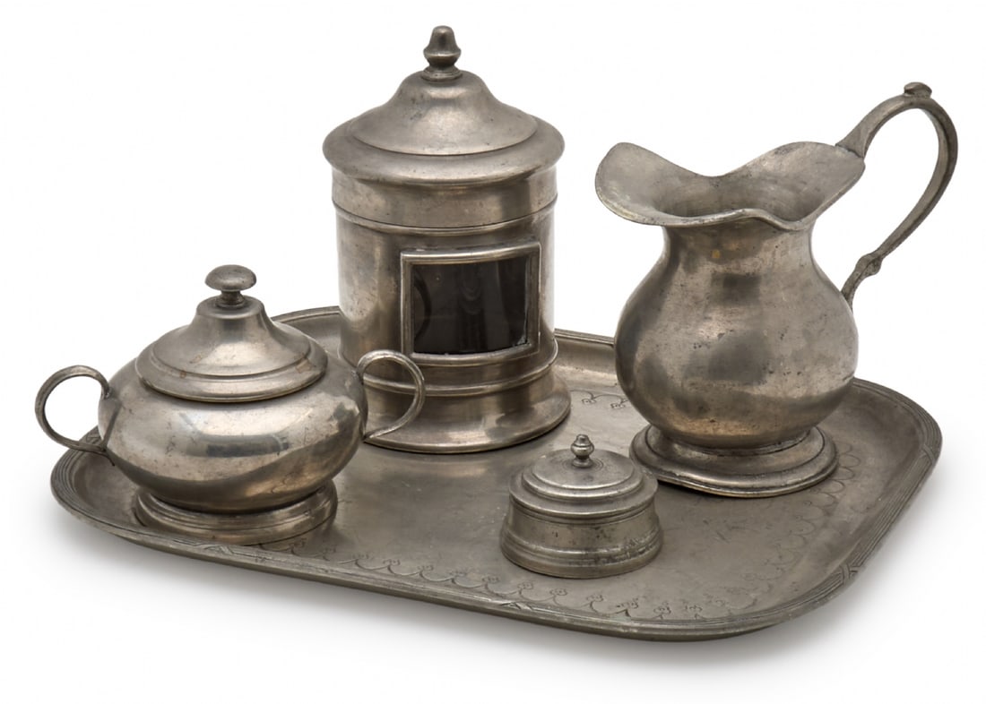 Five-Piece Pewter Tea/Coffee Set: Five-Piece Pewter Tea/Coffee Set, including tray: 27X34 cm and four different pieces: 7-19 cm. Minor defects Notice: We are located in Israel and provide full packing and shipping service. You can