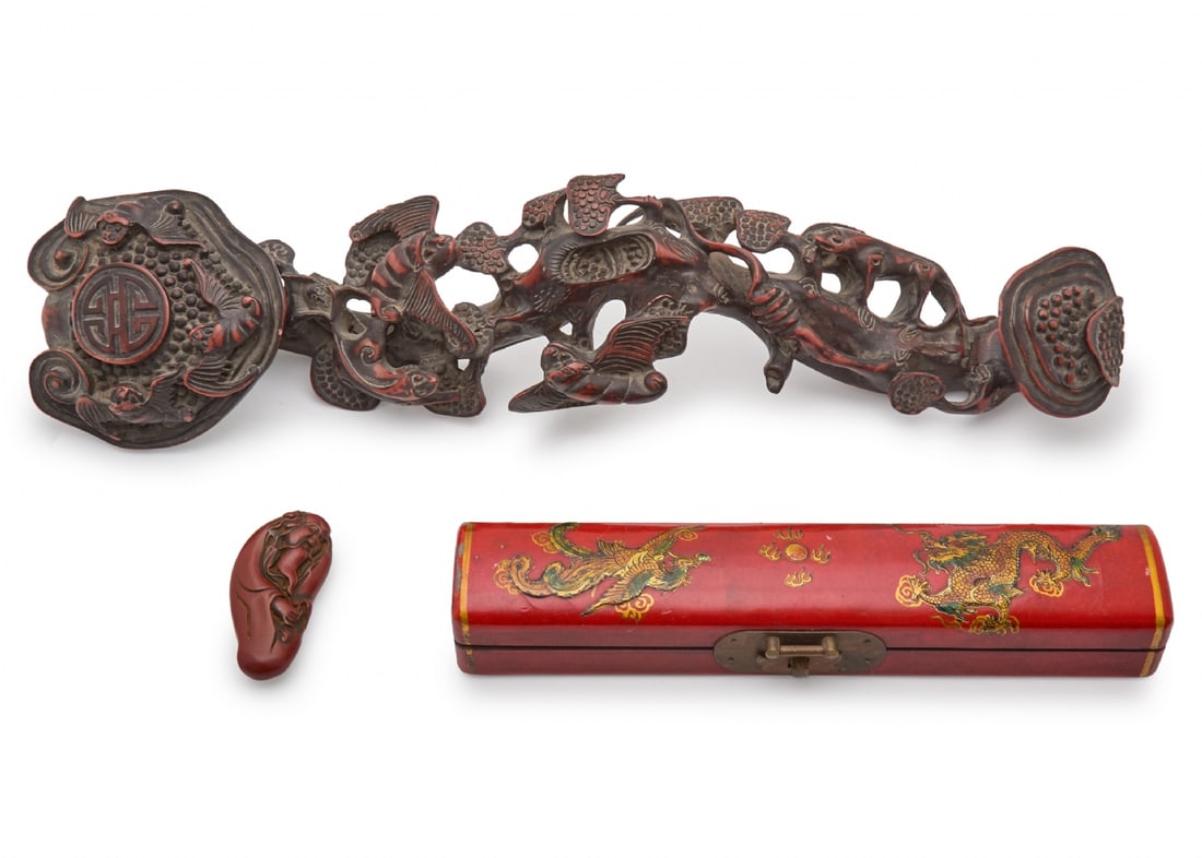 Three Decorative Objects from China Made of Cast Materials and a Wooden and Lacquer Box: Three Decorative Objects from China Made of Cast Materials and a Wooden and Lacquer Box, length of the scepter: 50 cm. Length of the box: 28 cm Notice: We are located in Israel and provide full packin