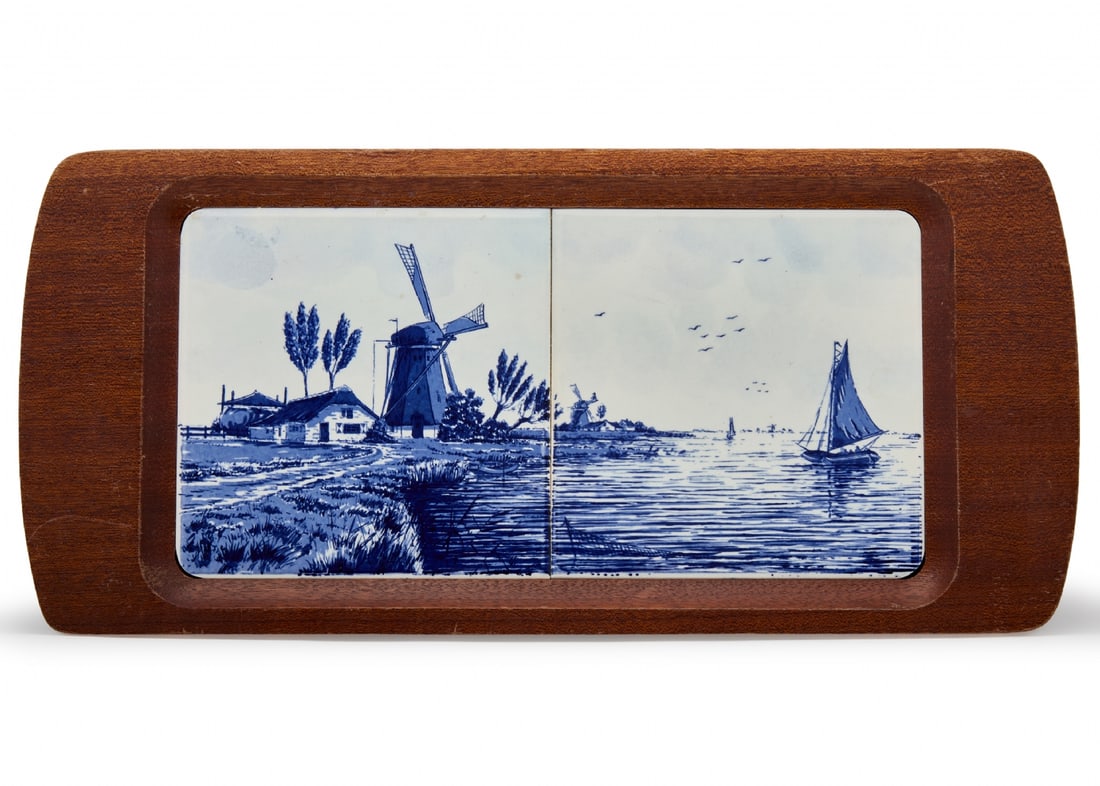 Vintage Wooden Tray with Blue and White Ceramic Tiles Decorated with Windmill and Sailboat (1 of 4)