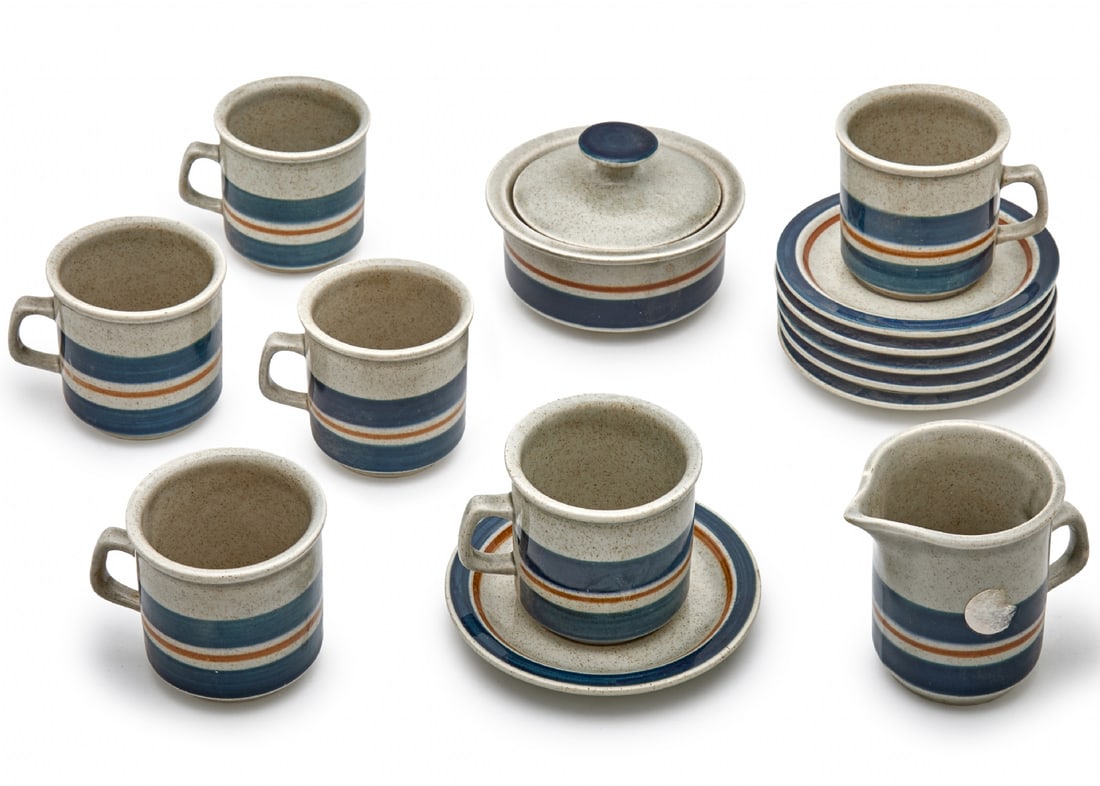 Part of Tea/Coffee Set by Lapid Israeli Ceramics: Part of Tea/Coffee Set by Lapid Israeli Ceramics, the set includes: 6 cups: 8 cm 6 saucers: 14 cm Milk jug and sugar bowl Notice: We are located in Israel and provide full packing and shipping service