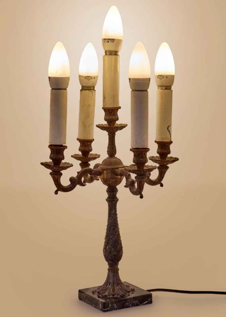 Table Lamp Made from Metal Candlestick with Square Marble Base: Table Lamp Made from Metal Candlestick with Square Marble Base, old wiring, working condition not tested, white plastic cylinders are damaged and need replacement Total height: 55 cm Total width: 22 c