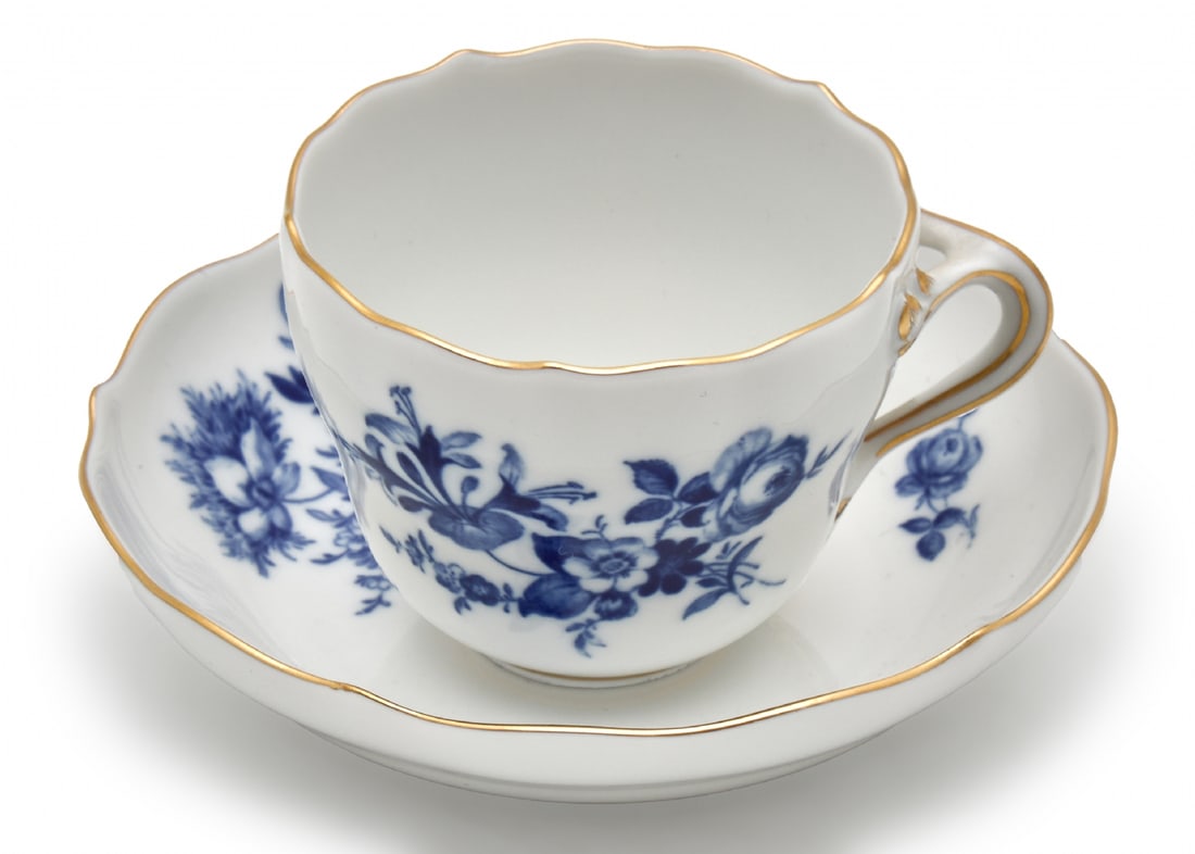 Meissen Porcelain Cup and Saucer, Decorated with Delicate Blue Flowers and Gilded Edges: Meissen Porcelain Cup and Saucer, Decorated with Delicate Blue Flowers and Gilded Edges, signed Cup height: 5.5 cm Saucer diameter: 11 cm Notice: We are located in Israel and provide full packing and 