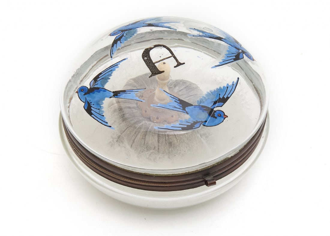 Hand-Painted Glass Powder Box with Blue Birds, Early 20th Century (1 of 3)