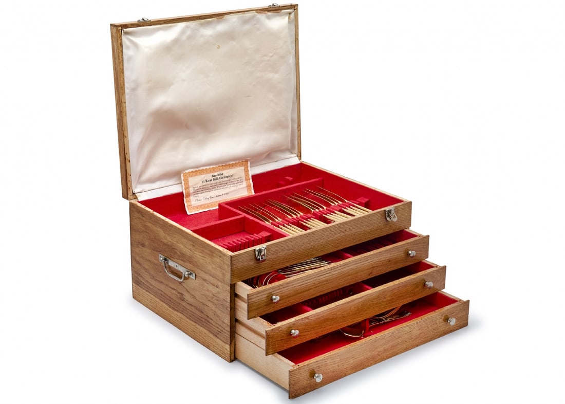 Gold-Plated Cutlery Set, Tiburon Gold Model by SRI USA: Gold-Plated Cutlery Set, Tiburon Gold Model by SRI USA, made of high-quality stainless steel with electroplated gold, featuring bamboo-like handles The set comes in an original wooden cabinet lined wi