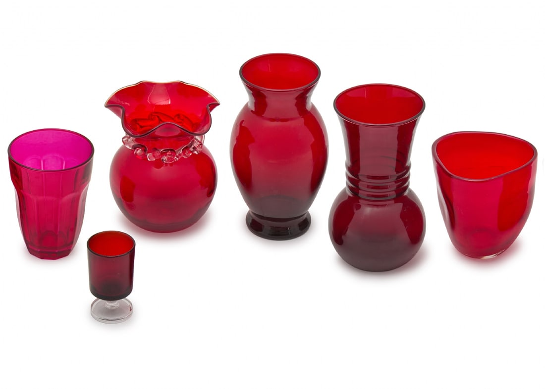 Six Ruby Red Glass Items, Including Vases, Serving Pieces, and Various Goblets - 2