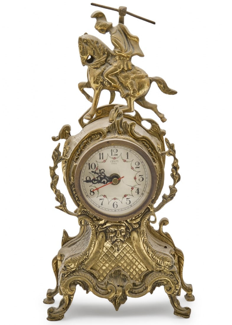 Rococo Style Table Clock Made of Cast Metal, Decorated with a Knight on Horseback (1 of 6)