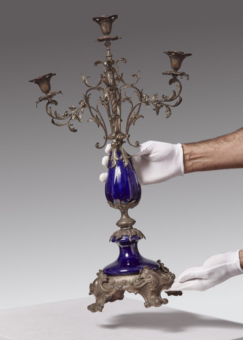 Table Candelabra with Three Arms, Made of Metal with Cobalt Blue Glass: Table Candelabra with Three Arms, Made of Metal with Cobalt Blue Glass, decorated with plant elements Height: 60 cm Defects and missing parts Notice: We are located in Israel and provide full packing 
