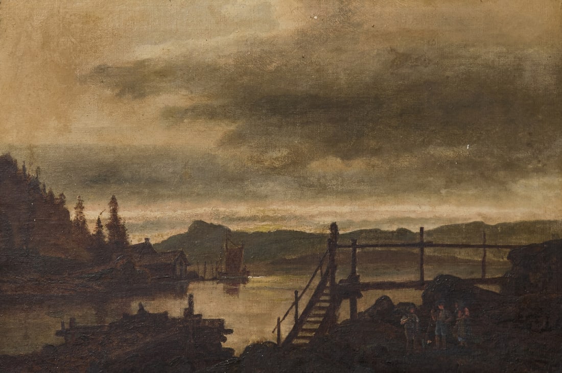 'Figures by a Pier on a Lake Shore' - Antique Painting, Oil on Canvas, Unsigned: 'Figures by a Pier on a Lake Shore' - Antique Painting, Oil on Canvas, Unsigned, two small paint chips (photographed), last quarter of the 19th century. Dimensions: 32X48 cm Frame dimensions: 51X66.5 
