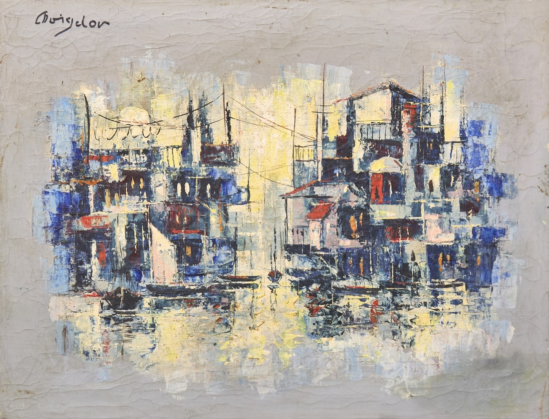 'Fishing Village on a Gray Background' - Oil on Canvas, Signed, Unknown Artist: 'Fishing Village on a Gray Background' - Oil on Canvas, Signed, Unknown Artist, dimensions: 40X50 cm Frame dimensions: 51X61 cm Notice: We are located in Israel and provide full packing and shipping s