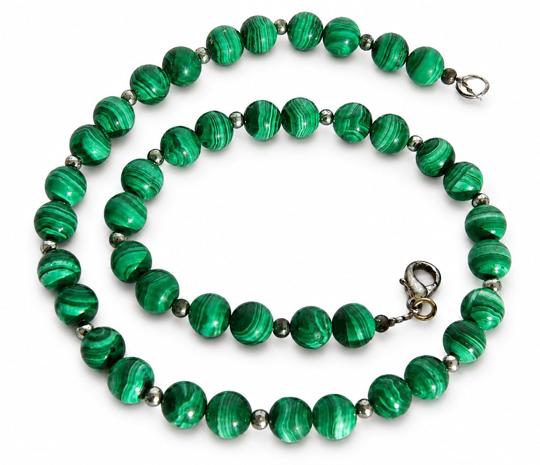 Necklace Made of Round Malachite Beads in Green with Natural Stripes: Necklace Made of Round Malachite Beads in Green with Natural Stripes, diameter of stones approximately 9 mm Notice: We are located in Israel and provide full packing and shipping service. You can ask 