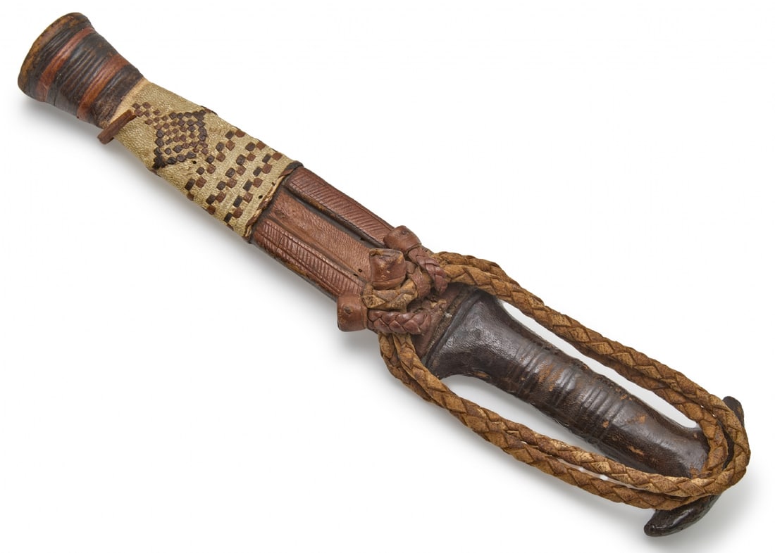 Traditional African Dagger with Steel Blade, Carved Wooden Handle, and Decorated Leather Sheath (1 of 4)