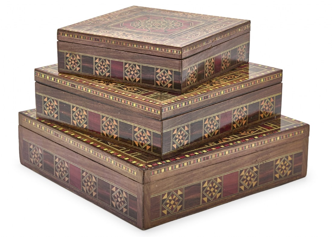 Set of Three Decorated Wooden Table Boxes, Presumably Egyptian (1 of 6)
