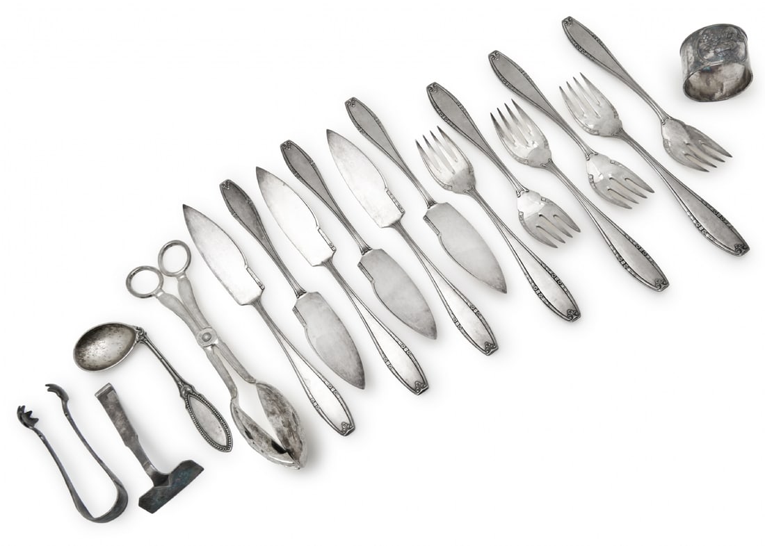 Various Metal Items, Different Manufacturers and Models: Various Metal Items, Different Manufacturers and Models, german fish cutlery set for 6 diners by Wellner, silver-plated Length: 17-21 cm Napkin holder by WMF Diameter: 4 cm Tongs, baby spoon, and rake