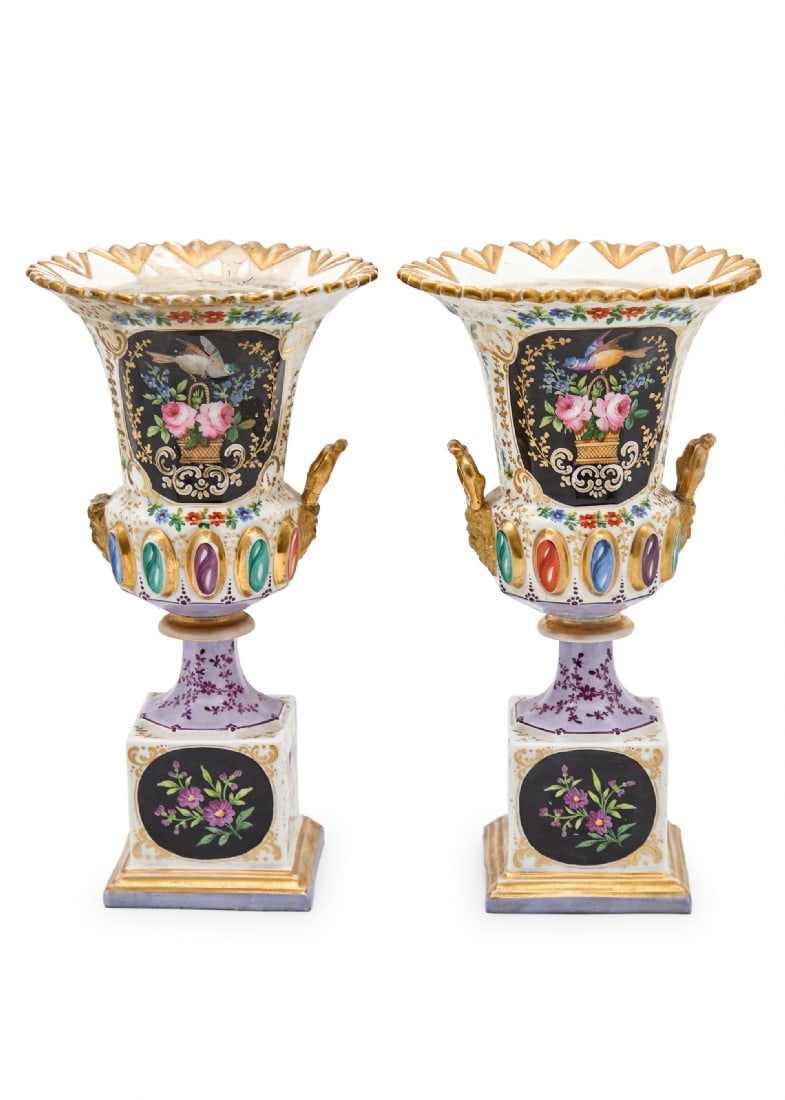 Pair of Large, Exceptionally Fine Antique French Porcelain Vases: Pair of Large, Exceptionally Fine Antique French Porcelain Vases, made by one of the Old Paris factories, circa 1850; decorated with hand-painted enamel and gilt; damage, losses and old repairs Each c