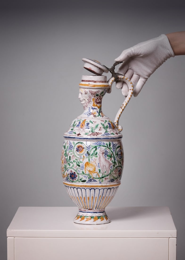 18th Century Antique Faience Pitcher Decorated with Hand Paintings and Signed, Pewter Mount on Lid (1 of 9)
