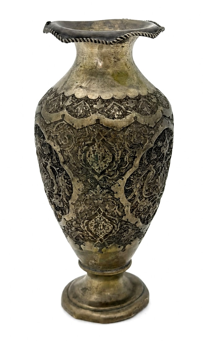 Antique Persian Silver Vessel with Hand-Worked Decoration, 840 Silver: Antique Persian Silver Vessel with Hand-Worked Decoration, 840 Silver, several bends to the base rim Weight: 238 g Notice: We are located in Israel and provide full packing and shipping service. You c
