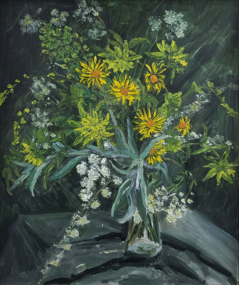 Ann Ohlenschlager 'Bouquet of flowers in a vase': Ann Ohlenschlager 'Bouquet of flowers in a vase', oil painting on panel, signed and dated: 1974 Dimensions: 60x50 cm Frame dimensions: 73X62 cm Notice: We are located in Israel and provide full packin