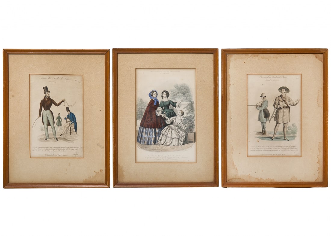 Three antique French fashion magazine prints depicting 19th-century men's and women's fashions (1 of 4)
